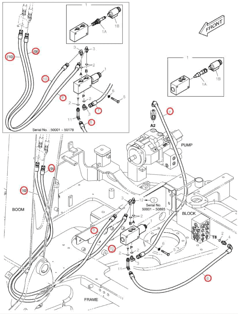 Doosan DX60R installation diagram showing hydraulic hose DS2094369 at Pipe No. 9