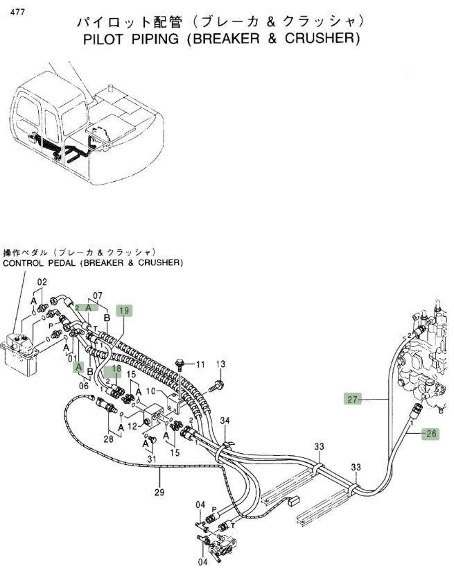 Hitachi EX120-5 installation diagram showing hydraulic hose 4372986 at Pipe No. 27