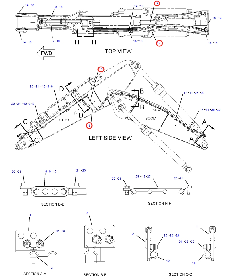 Caterpillar CAT®318C installation diagram showing hydraulic hose 236-2421 at Pipe No. 13