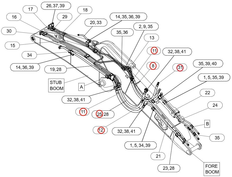 Caterpillar CAT®317 installation diagram showing hydraulic hose 4I-5556 at Pipe No. 31