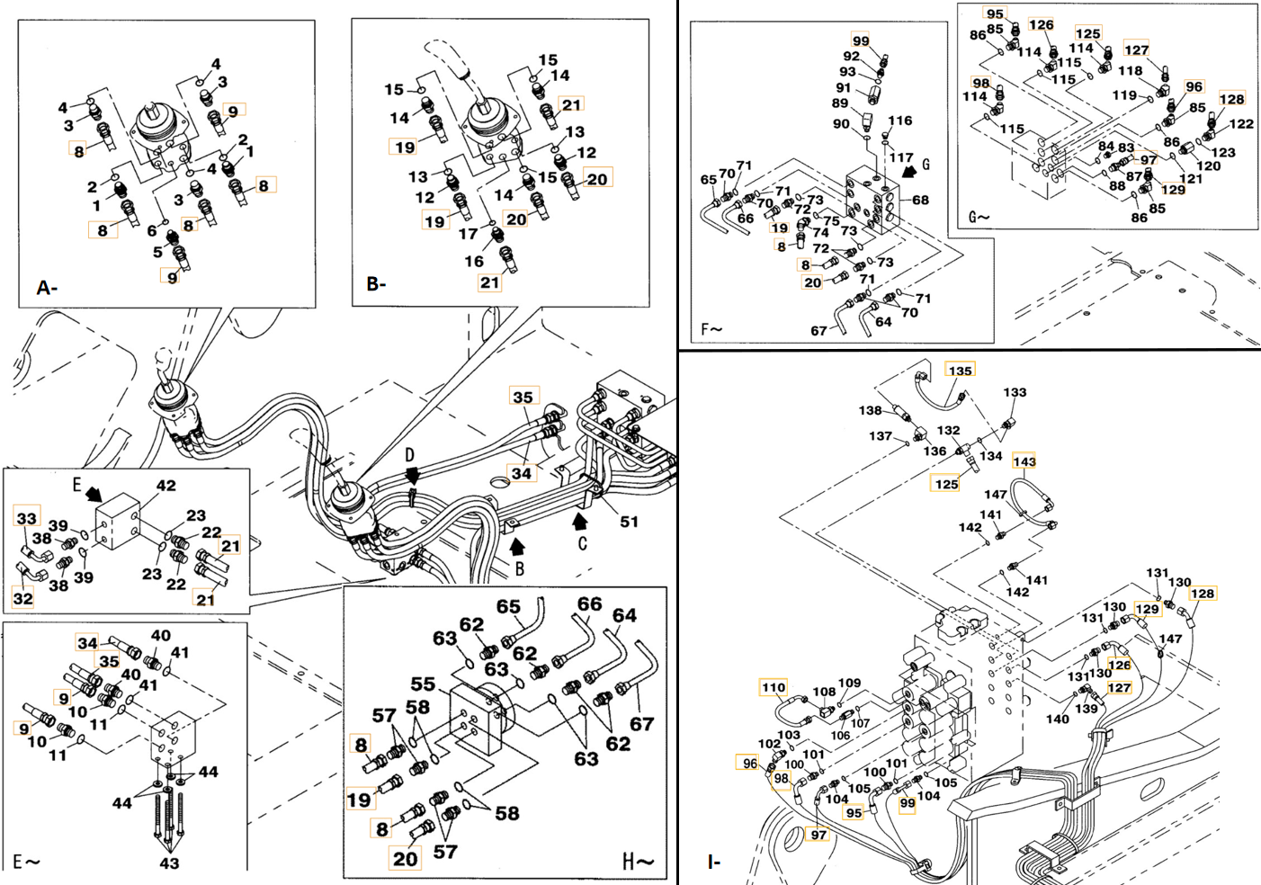 Case CX290B installation diagram showing hydraulic hose KHJ2350 at Pipe No. I143