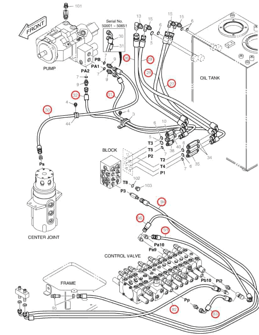 Doosan DX60R installation diagram showing hydraulic hose DS2092091 at Pipe No. 31
