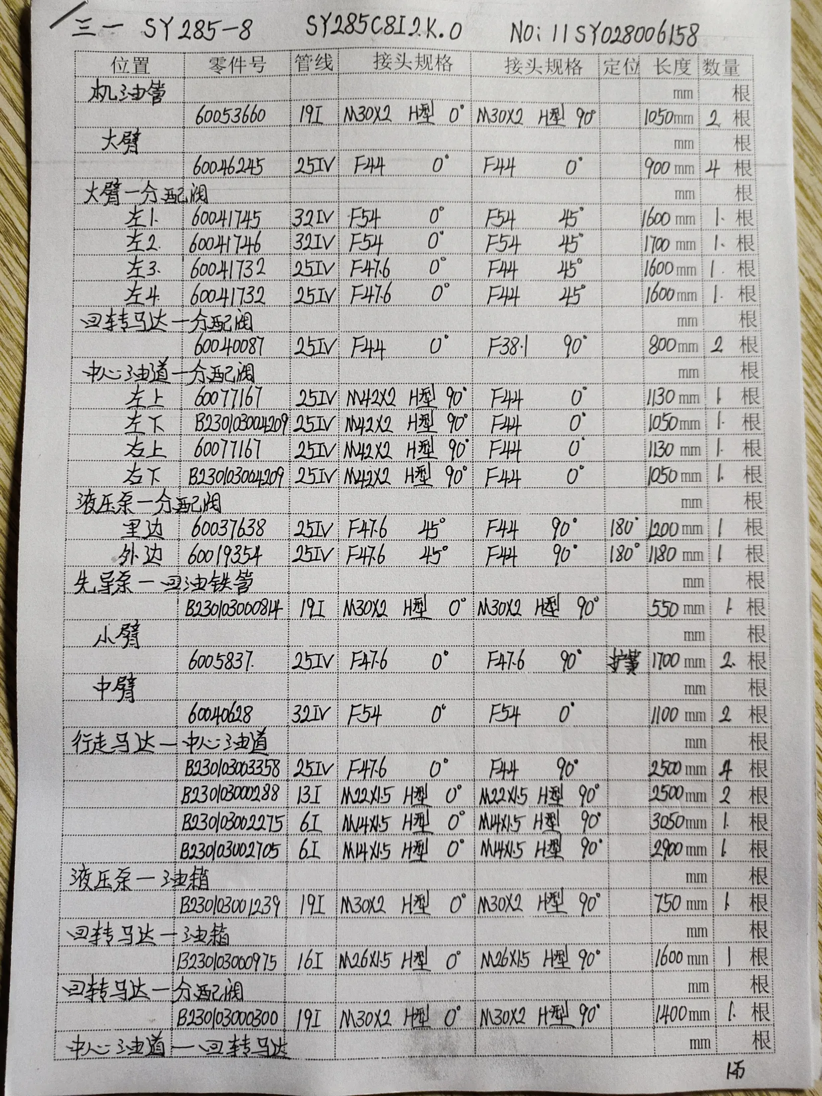 SANY SY285-8 hydraulic hose part numbers and recorded lengths — technician notebook page 1 of 4 — recorded hose parts B23003002705, B230103002275, B23010300239