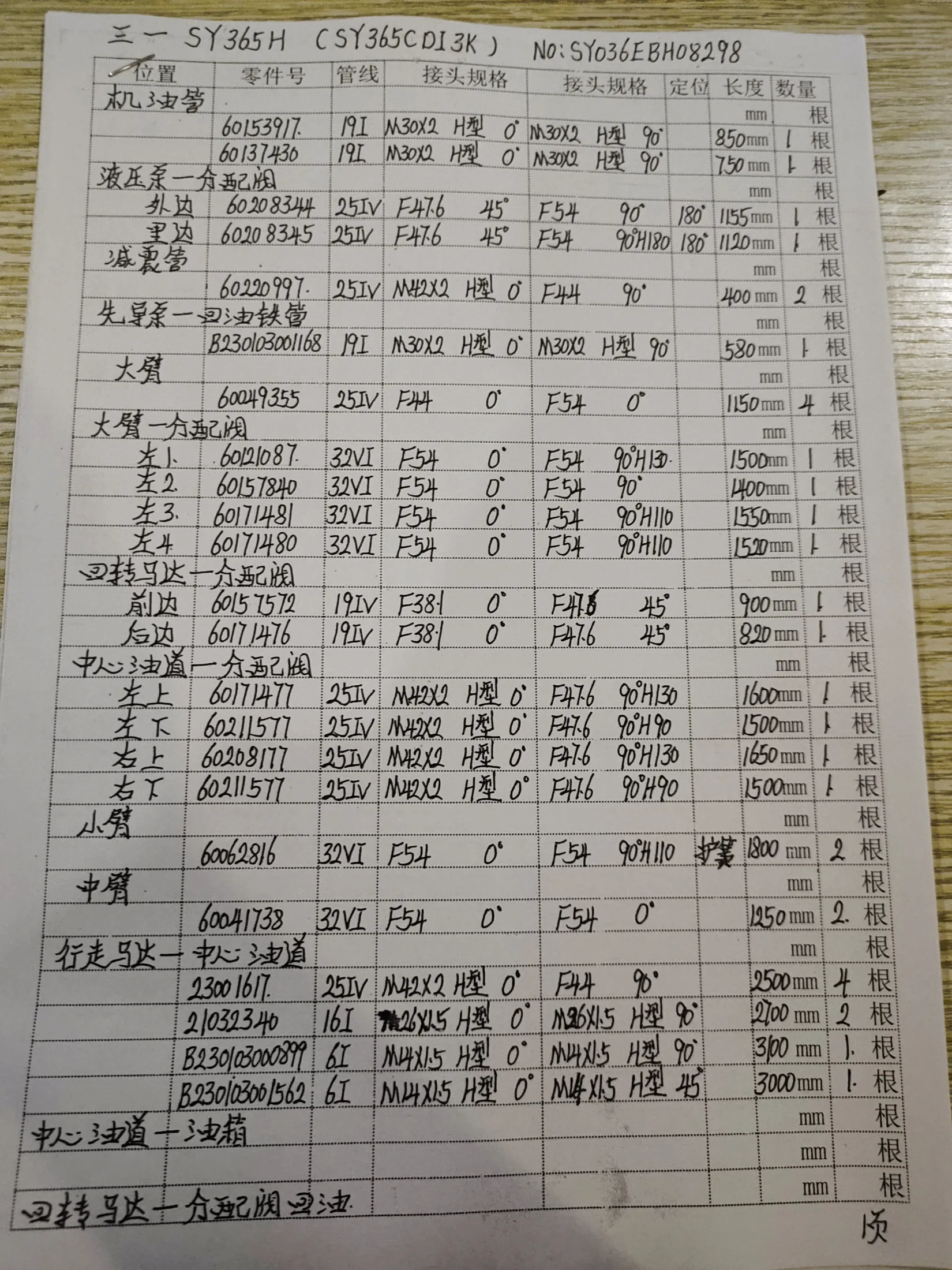 SANY SY365H hydraulic hose part numbers and recorded lengths — technician notebook page 6 of 10 — recorded hose parts B2300300562, B230103001168