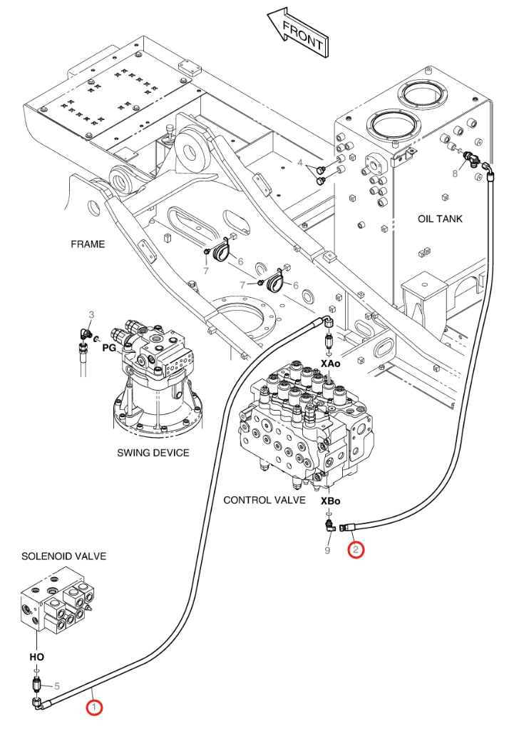 Doosan DX140W installation diagram showing hydraulic hose DS2093056 at Pipe No. 2