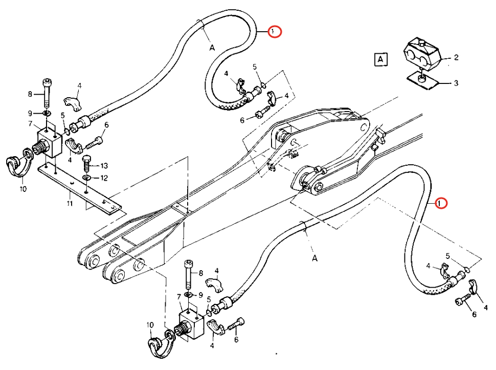 Caterpillar CAT®224B installation diagram showing hydraulic hose 8U-1887 at Pipe No. 1