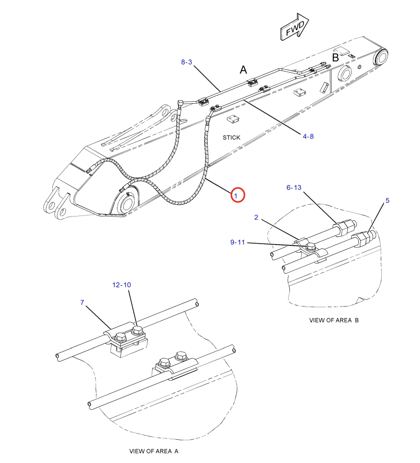 Caterpillar CAT®316F L installation diagram showing hydraulic hose 363-2569 at Pipe No. 1