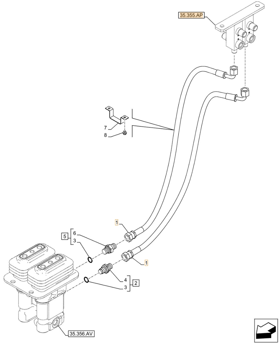 Case CX490D LC installation diagram showing hydraulic hose KHJ2092 at Pipe No. 1
