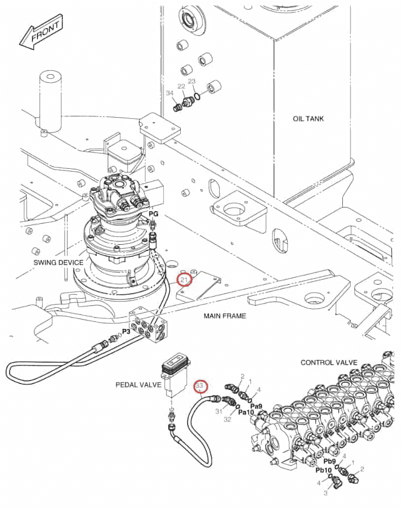 Doosan DX85R-3 installation diagram showing hydraulic hose DS2094051 at Pipe No. 21