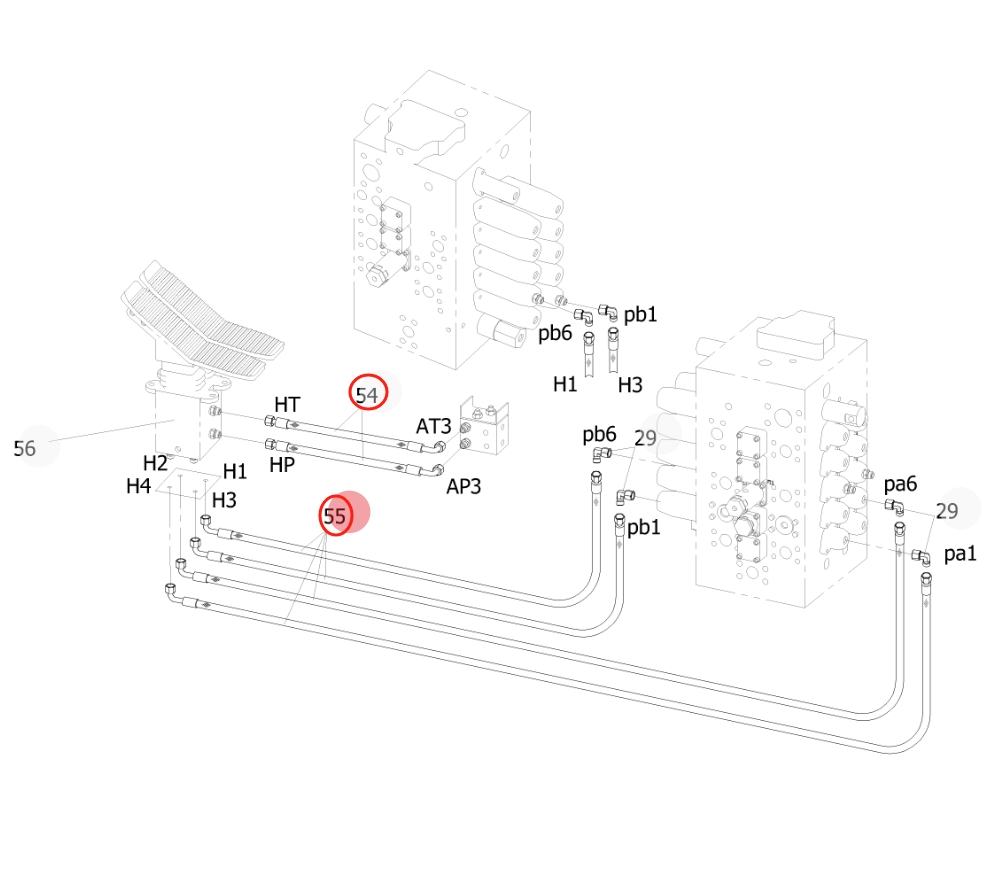 Sunward SWE225E-3H installation diagram showing hydraulic hose 730502000380 at Pipe No. 54