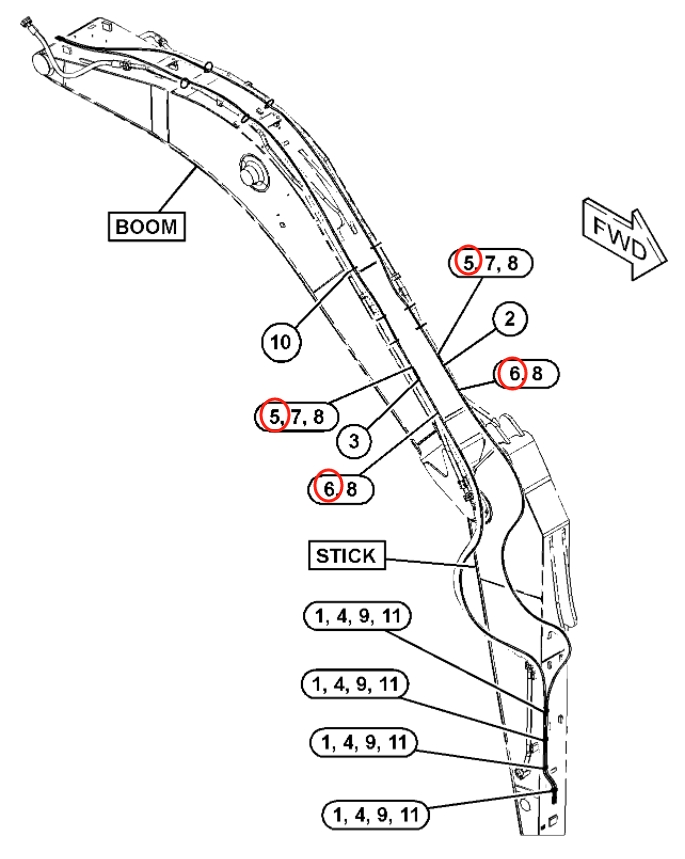 Caterpillar CAT®312D L installation diagram showing hydraulic hose 443-8311 at Pipe No. 6