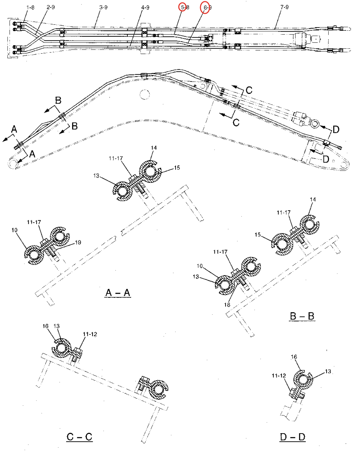 Caterpillar CAT®315B L installation diagram showing hydraulic hose 151-1846 at Pipe No. 6