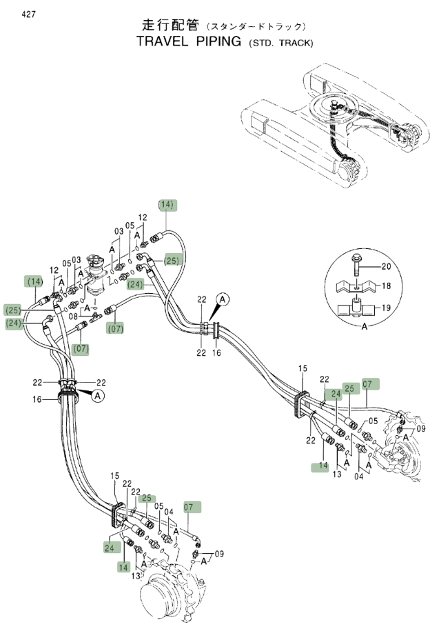 Hitachi EX370-5 installation diagram showing hydraulic hose 4294425 at Pipe No. 24
