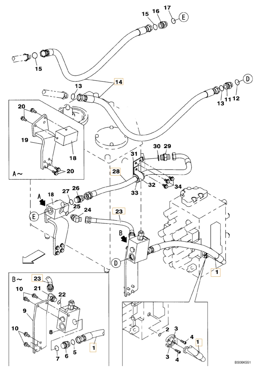 Case CX210B installation diagram showing hydraulic hose KRJ16340 at Pipe No. 28