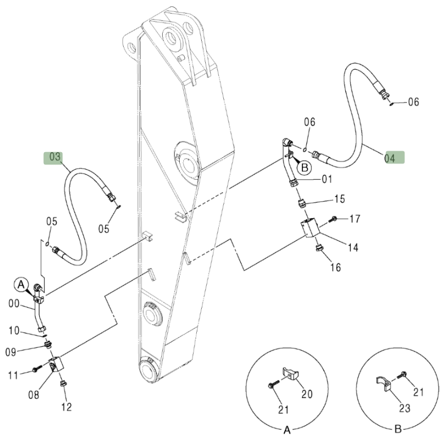 Hitachi ZX370 installation diagram showing hydraulic hose 4452263 at Pipe No. 3