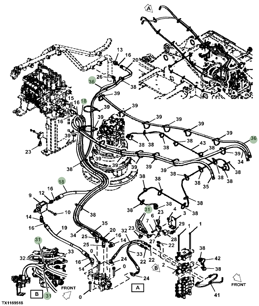 Hitachi ZX230W-5N installation diagram showing hydraulic hose 4224451 at Pipe No. 31