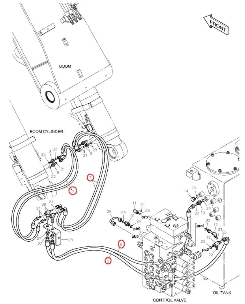 Doosan DX160W-3 installation diagram showing hydraulic hose DS2121140 at Pipe No. 6