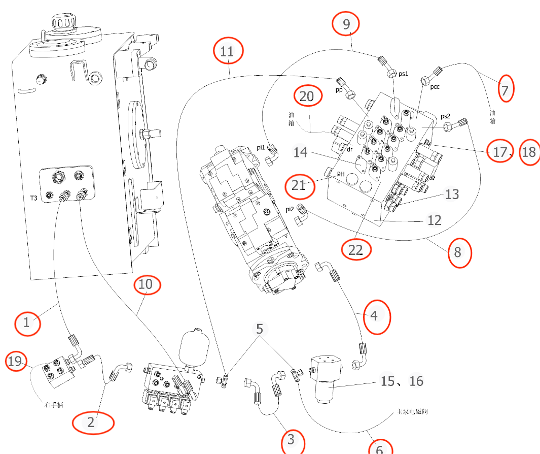 Sunward SWE150E installation diagram showing hydraulic hose 730502002080 at Pipe No. 1