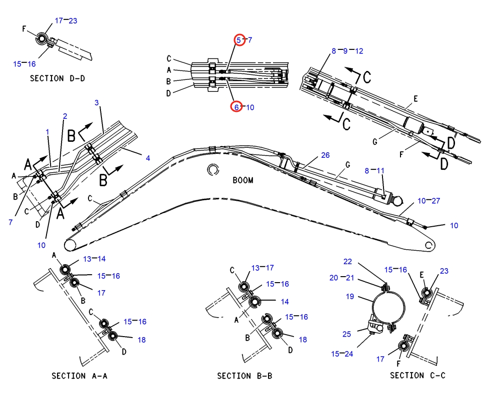 Caterpillar CAT®317 N installation diagram showing hydraulic hose 4I-3823 at Pipe No. 5
