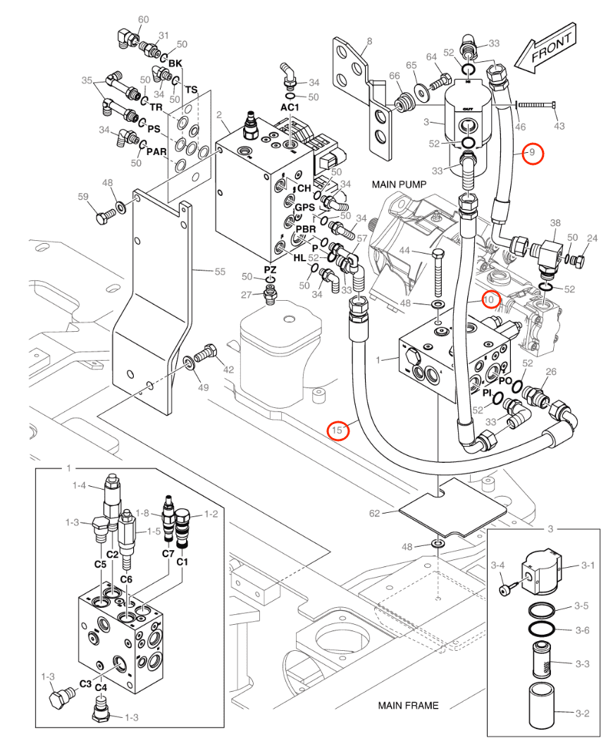 Doosan E57W installation diagram showing hydraulic hose DS2055748 at Pipe No. 9
