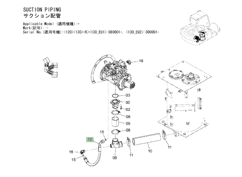 Hitachi ZX120-3 installation diagram showing hydraulic hose 4217388 at Pipe No. 13