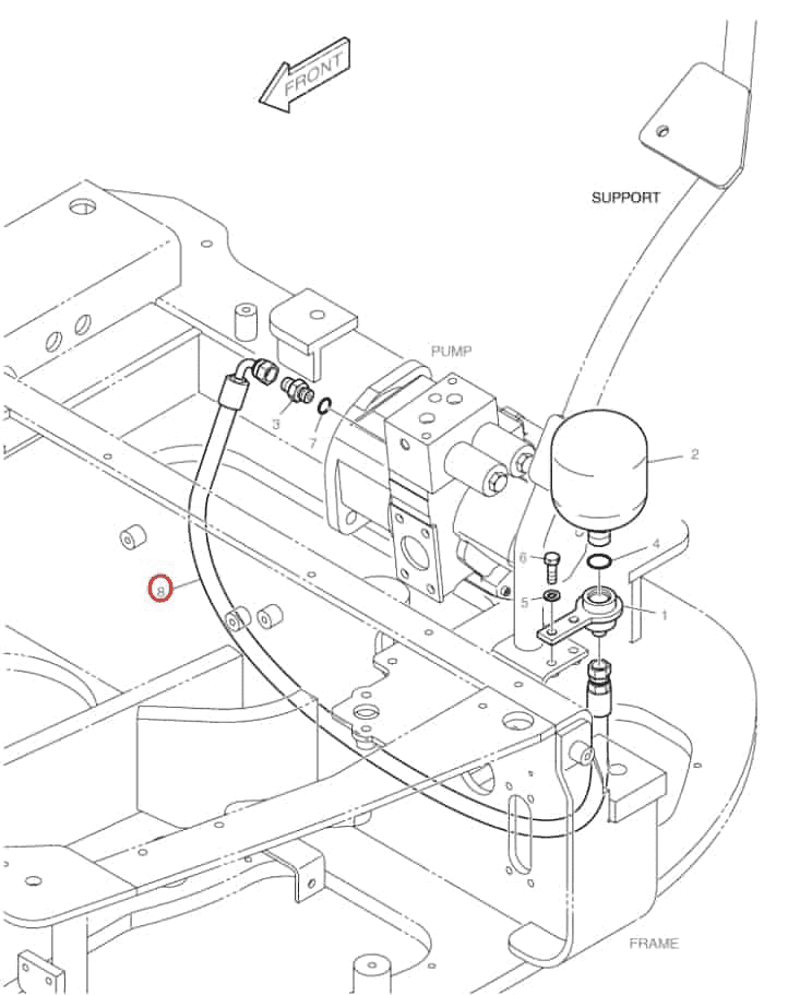 Doosan DX35Z installation diagram showing hydraulic hose DS2093017 at Pipe No. 8