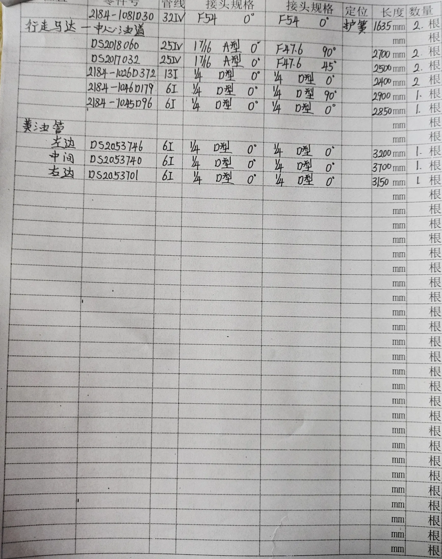 Doosan DH420LC-7 hydraulic hose part numbers and recorded lengths — technician notebook page 2 of 5