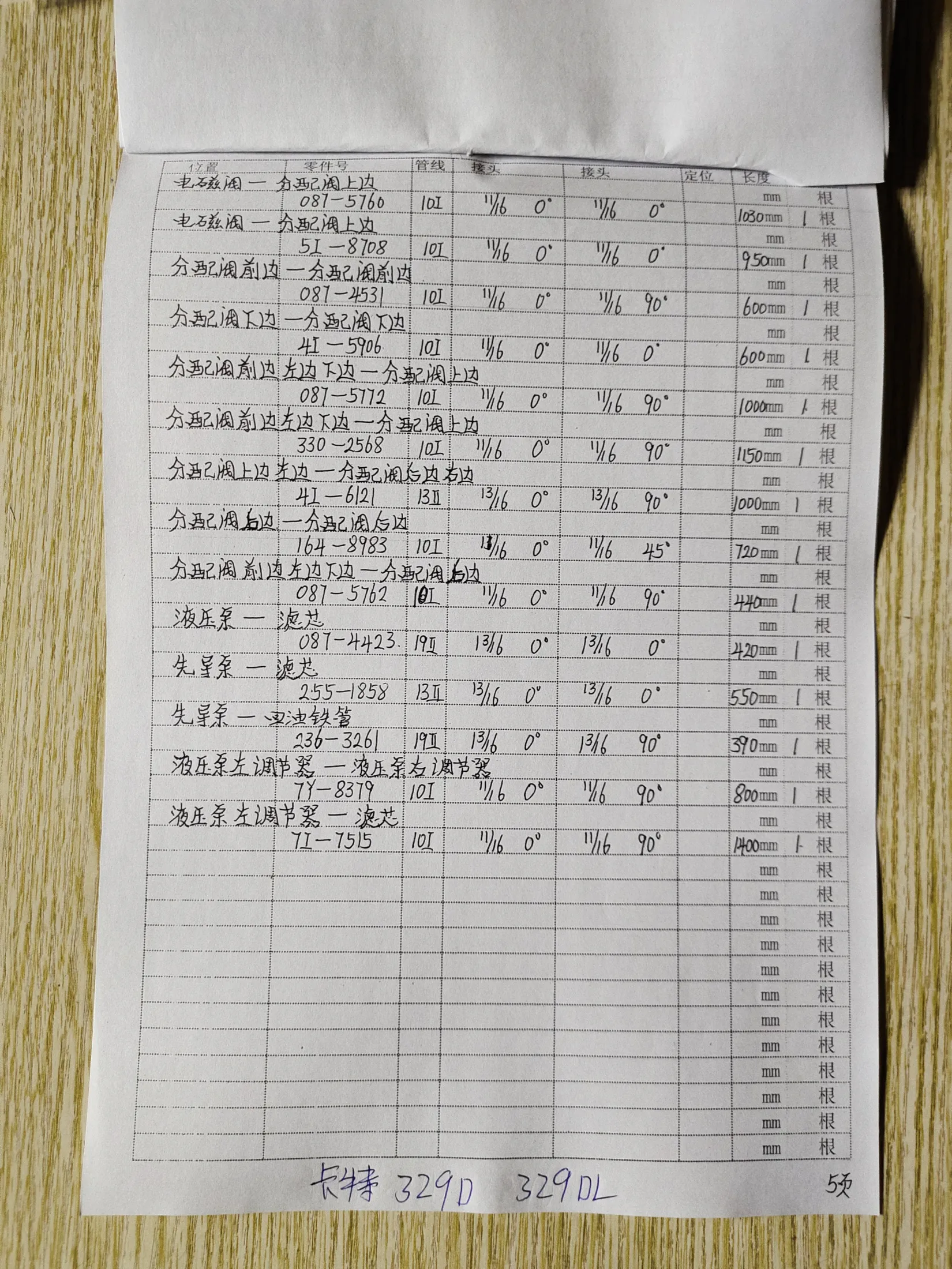 Caterpillar 329DL hydraulic hose part numbers and recorded lengths — technician notebook page 5 of 5 — recorded hose parts 4I-0121, 4I-5906