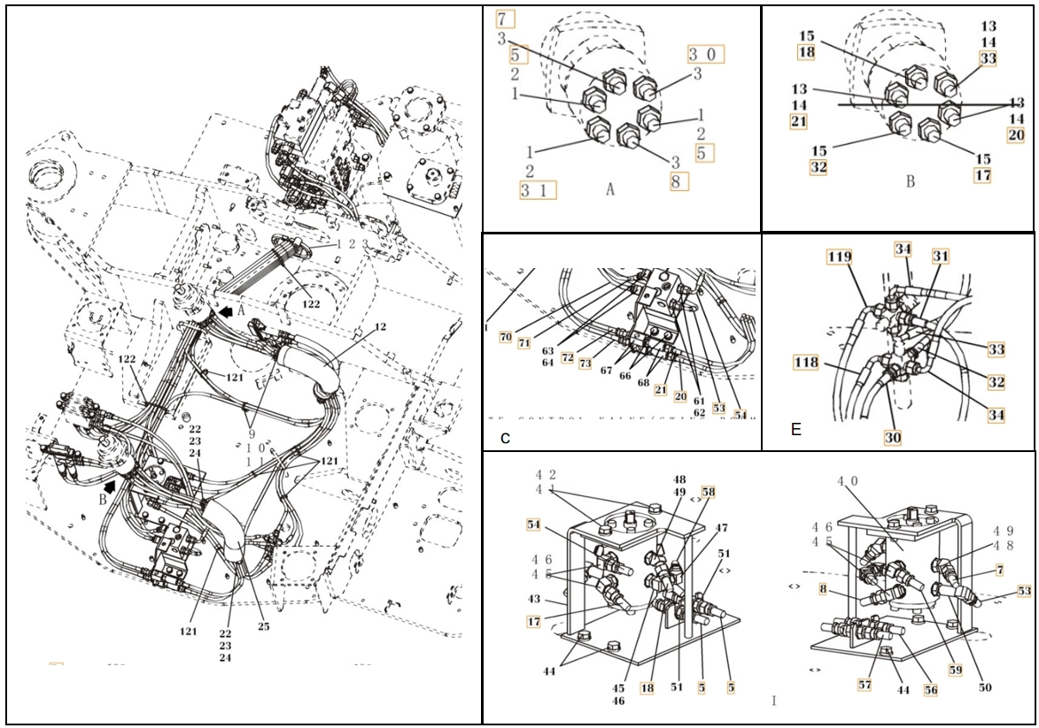 Case CX80 installation diagram showing hydraulic hose KHJ2239 at Pipe No. 53