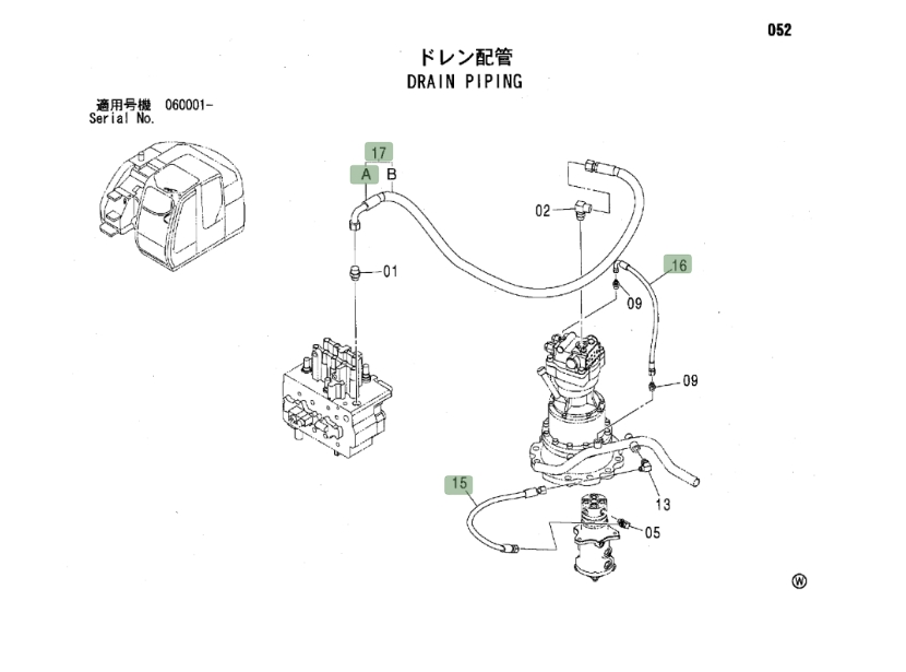 Hitachi ZX135US installation diagram showing hydraulic hose 4451924 at Pipe No. 16