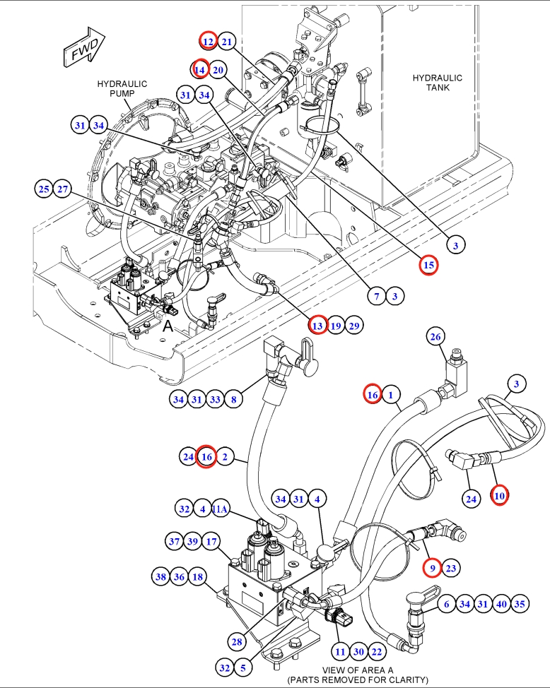 Caterpillar CAT®318F installation diagram showing hydraulic hose 350-0833 at Pipe No. 14