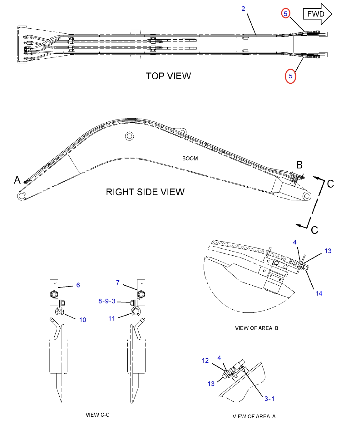 Caterpillar CAT®312C installation diagram showing hydraulic hose 239-5711 at Pipe No. 5