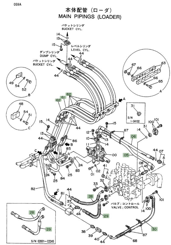 Hitachi EX400LC installation diagram showing hydraulic hose 4259804 at Pipe No. 62
