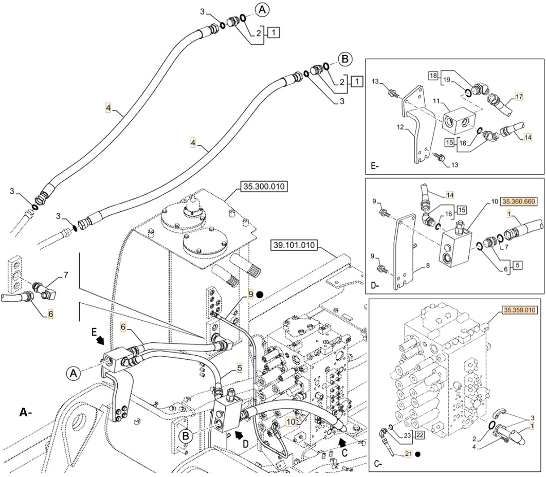 Case CX210D NLC installation diagram showing hydraulic hose KRJ11540 at Pipe No. A5-D14-E14