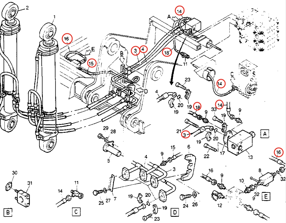 Caterpillar CAT®205B installation diagram showing hydraulic hose 8U-5383 at Pipe No. 15