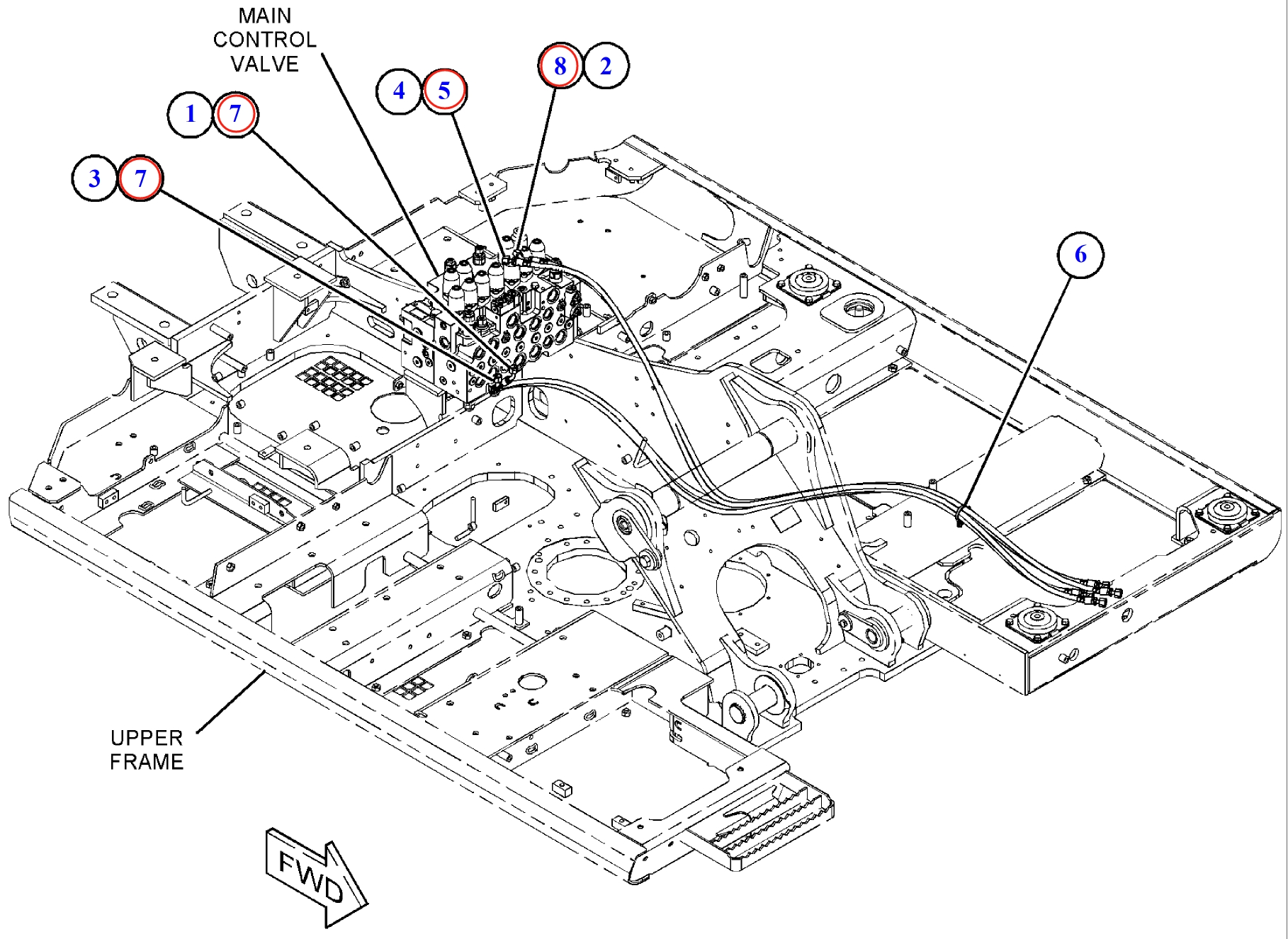 Caterpillar CAT®313F installation diagram showing hydraulic hose 7I-8252 at Pipe No. 5