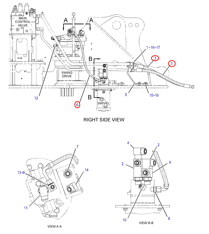 Caterpillar CAT®316F L installation diagram showing hydraulic hose 184-9543 at Pipe No. 3