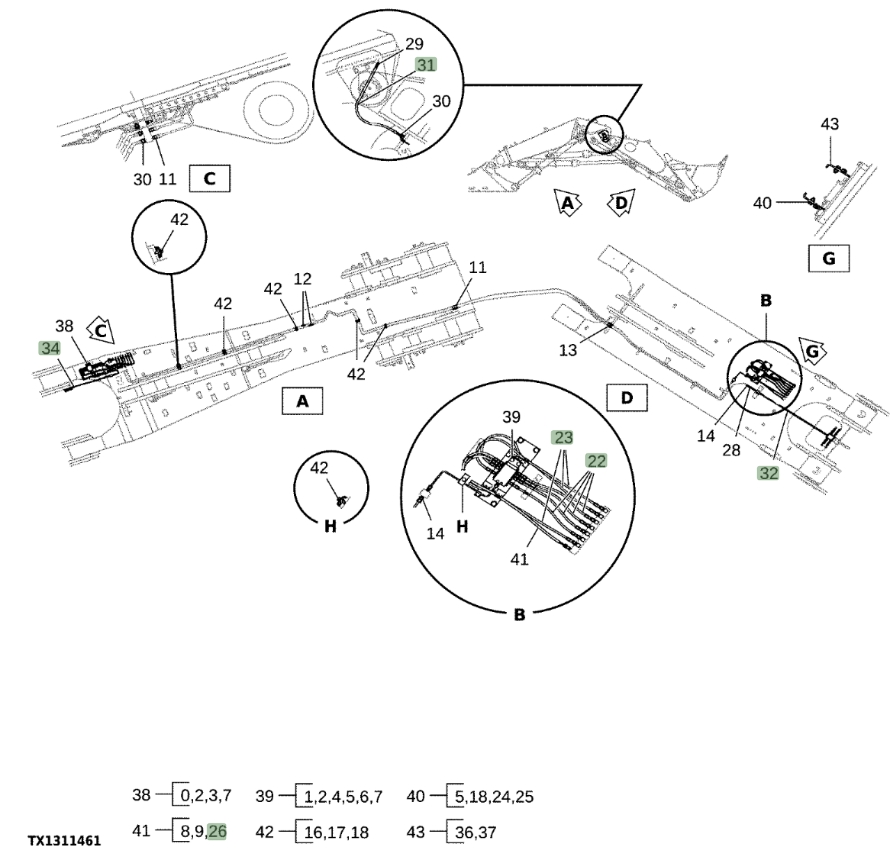 Hitachi EX1200-7 installation diagram showing hydraulic hose 4015464 at Pipe No. 31