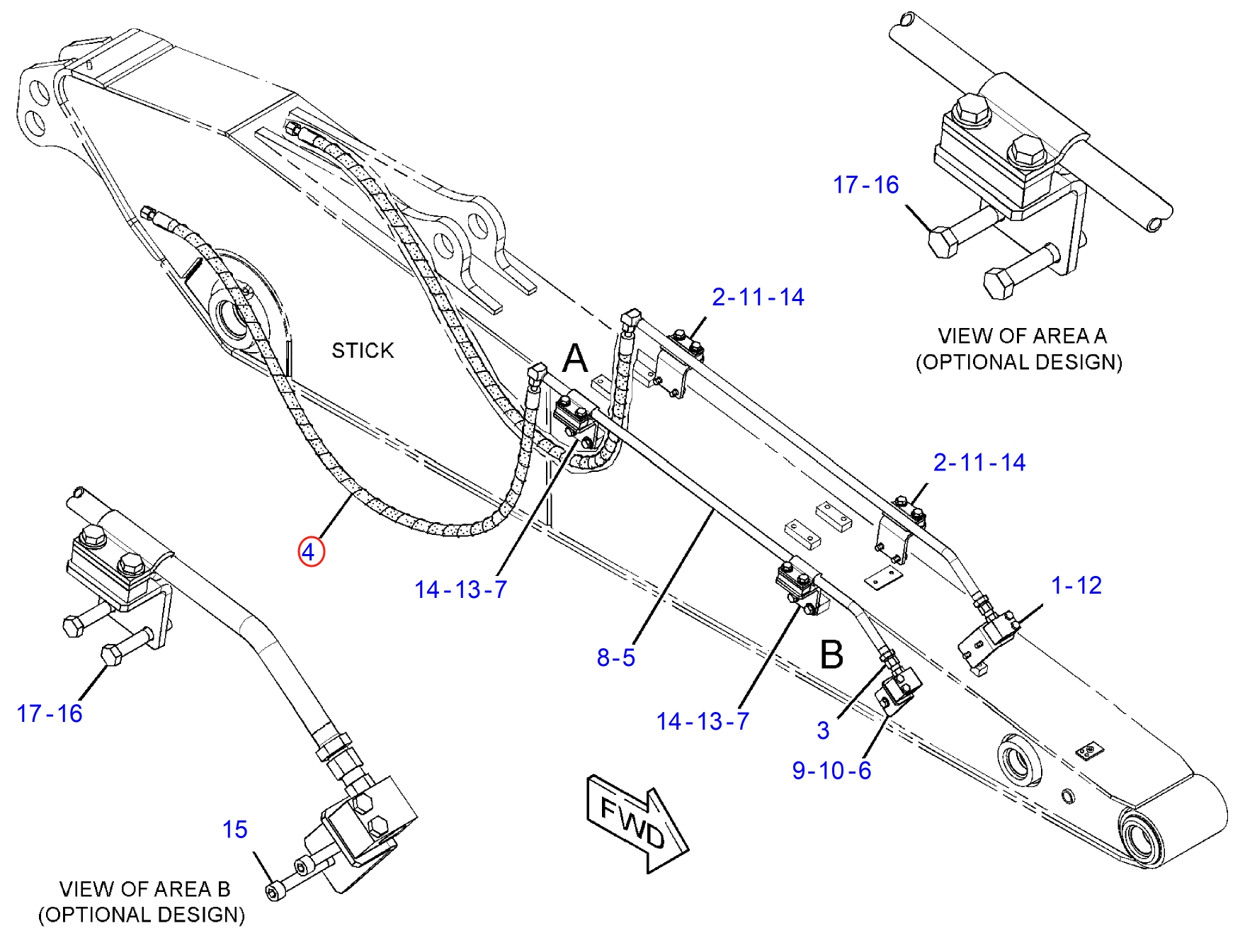 Caterpillar CAT®311F LRR installation diagram showing hydraulic hose 282-5755 at Pipe No. 4
