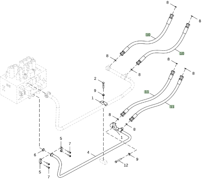 Hitachi ZX210-5A installation diagram showing hydraulic hose 4660944 at Pipe No. 11