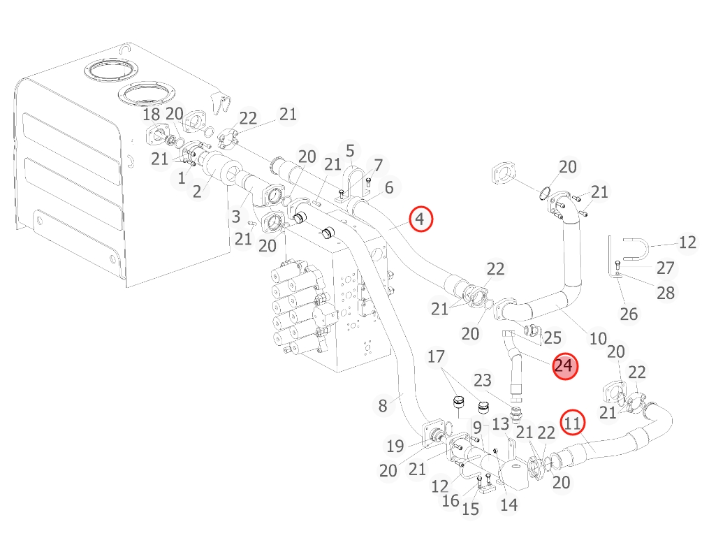 Sunward SWE500E-3 installation diagram showing hydraulic hose 730501004122 at Pipe No. 4