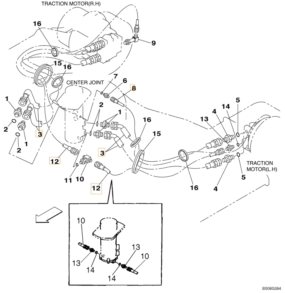 Case CX210LR installation diagram showing hydraulic hose 152435A1 at Pipe No. 12