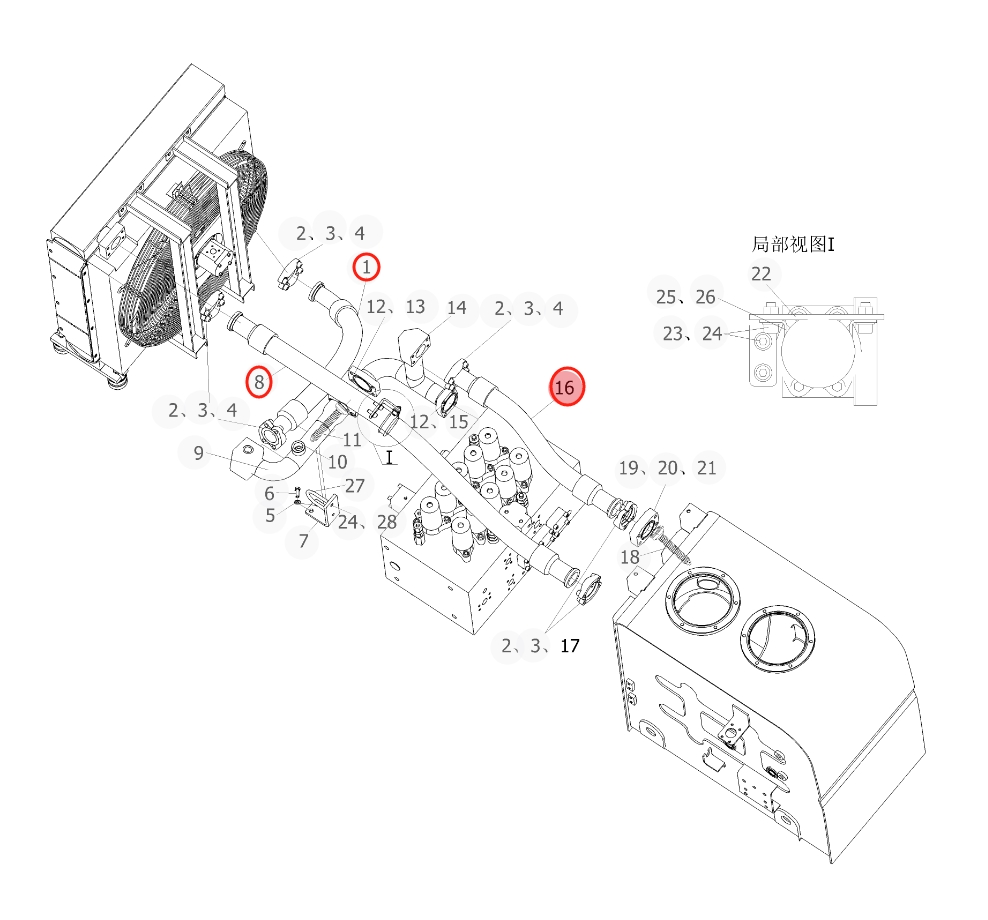 Sunward SWE365F installation diagram showing hydraulic hose 730501004780 at Pipe No. 8