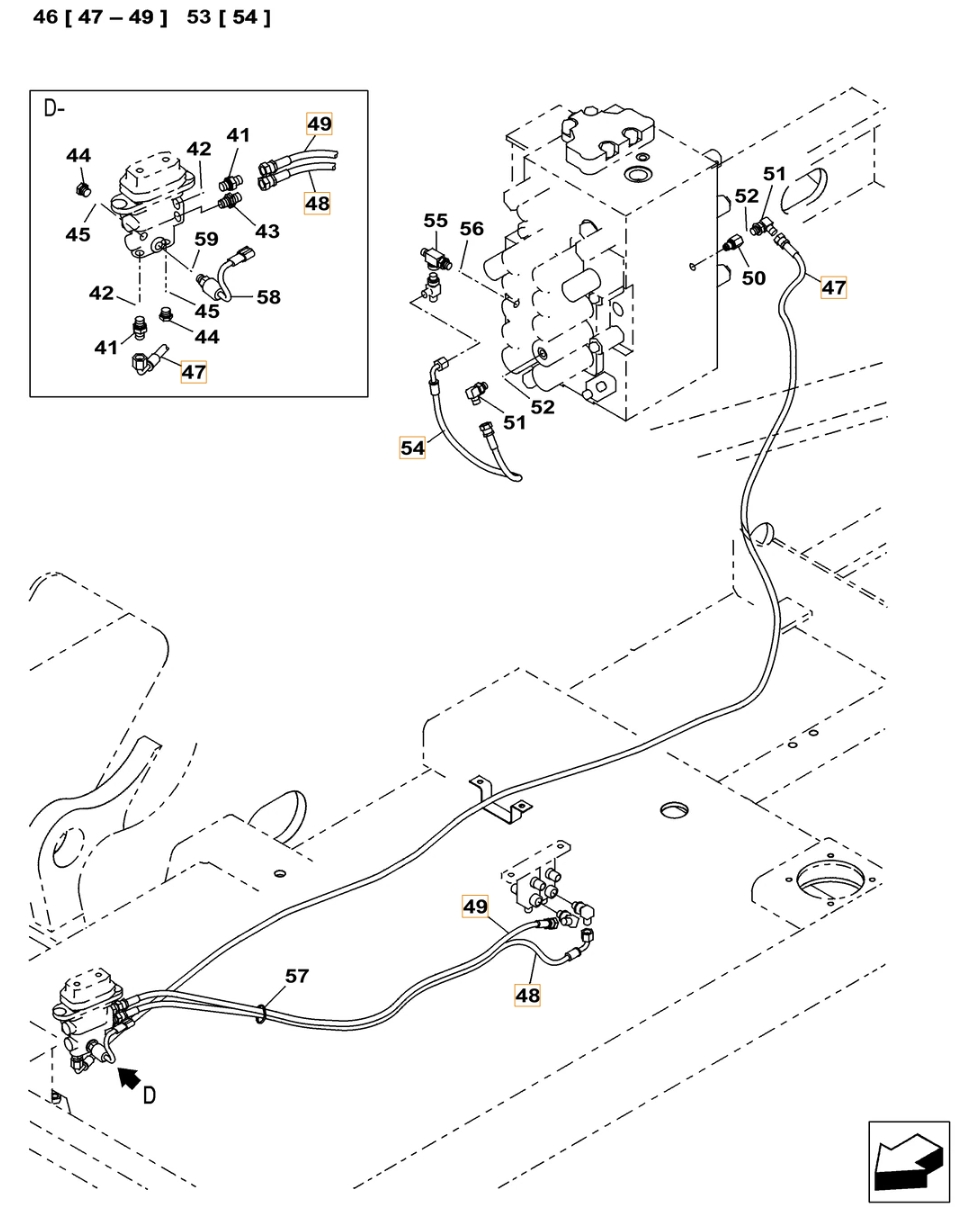 Case CX300C LC installation diagram showing hydraulic hose KHJ2050 at Pipe No. 49