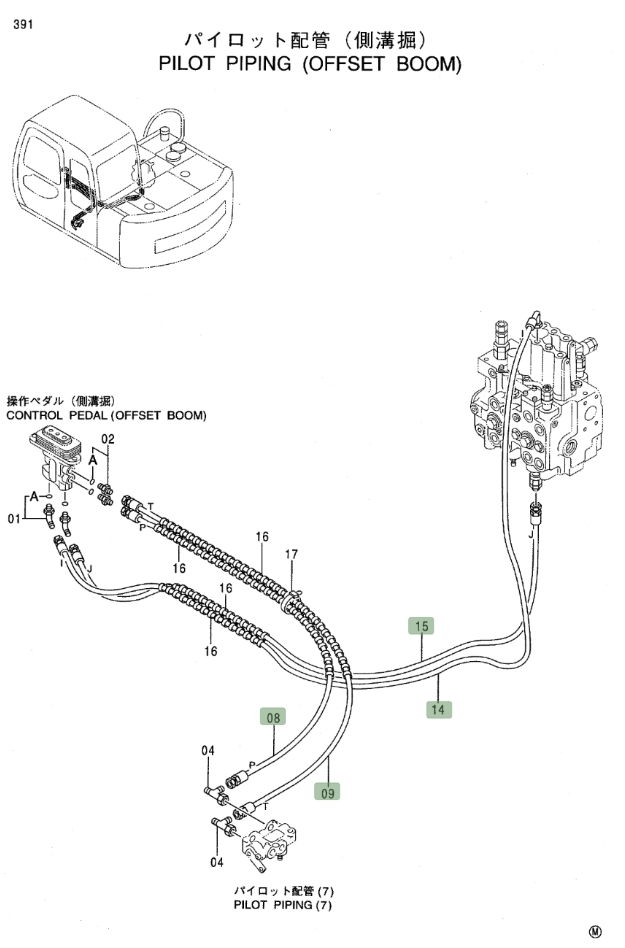 Hitachi EX80-5 installation diagram showing hydraulic hose 4394213 at Pipe No. 8