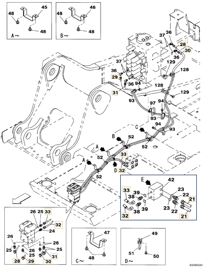 Case CX210B installation diagram showing hydraulic hose KHJ2199 at Pipe No. 29