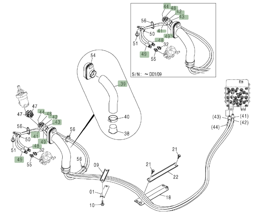 Hitachi ZX200LC installation diagram showing hydraulic hose 4438247 at Pipe No. 41