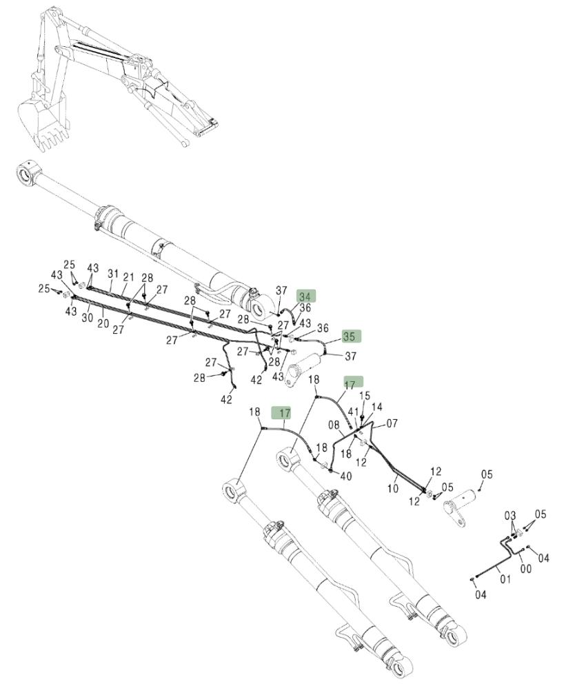 Hitachi ZX370 installation diagram showing hydraulic hose 4394216 at Pipe No. 34