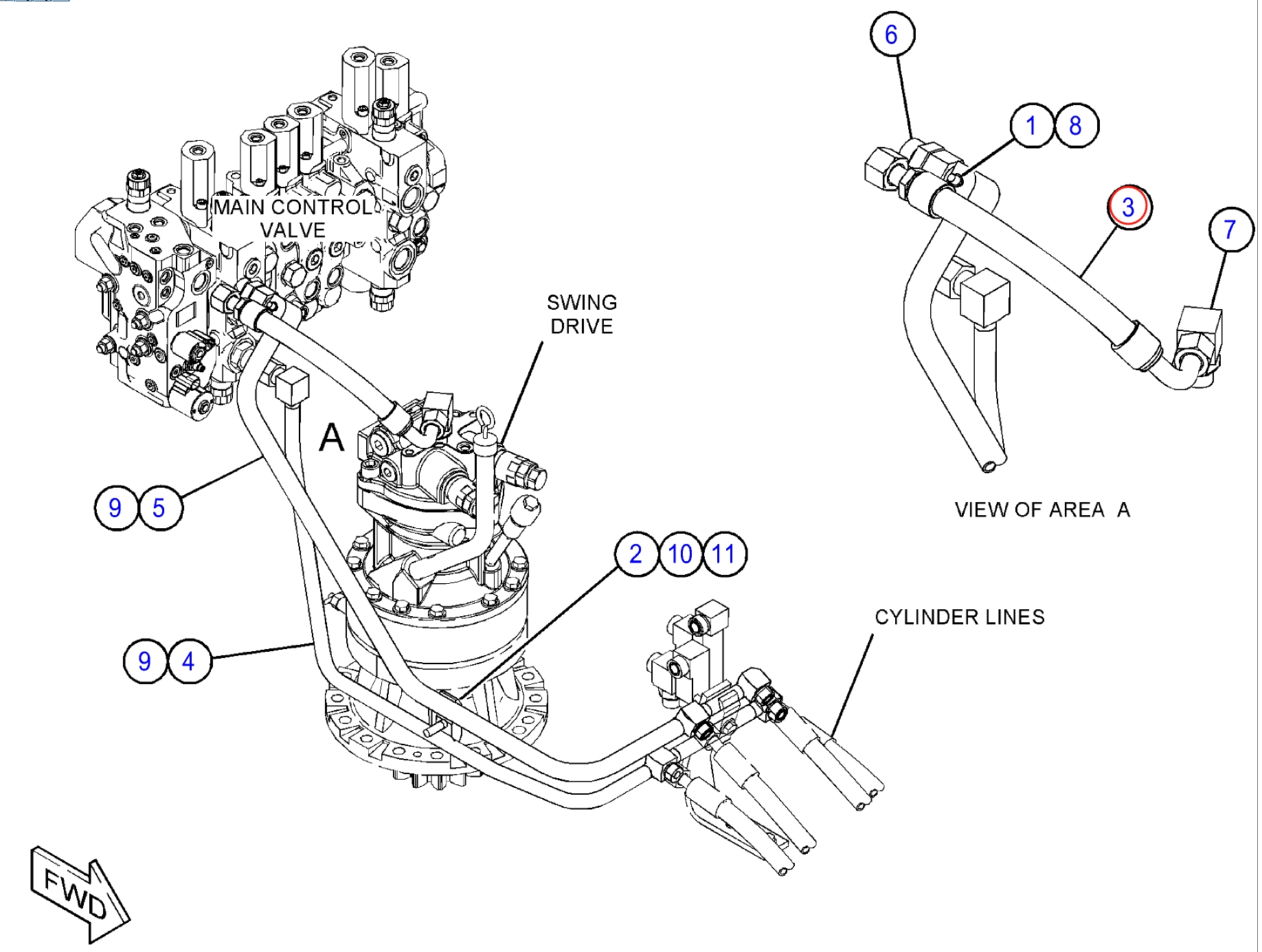 Caterpillar CAT®312F GC installation diagram showing hydraulic hose 449-7094 at Pipe No. 3