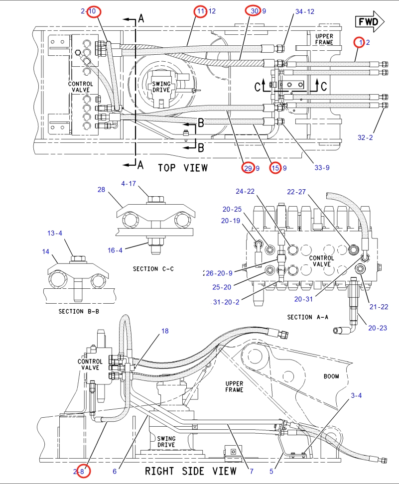 Caterpillar CAT®317B L installation diagram showing hydraulic hose 4I-5648 at Pipe No. 11